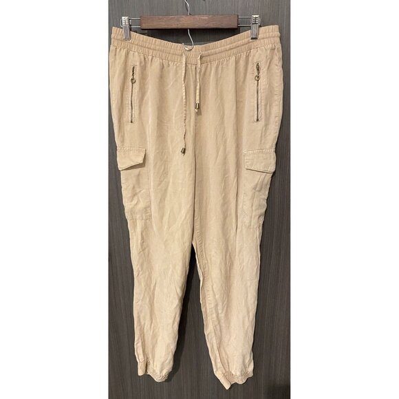 Womens size Large 100% Tencel Pants Joggers Zipper Pockets Drawstrings Tan NEW - Picture 1 of 10
